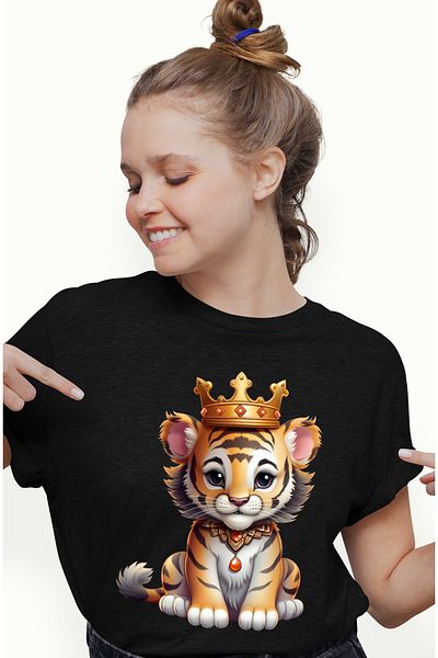 StoryGift Romania Women's T-shirt with a tiger cub wearing a royal crown, nobility, cheerful, a BLK_XS