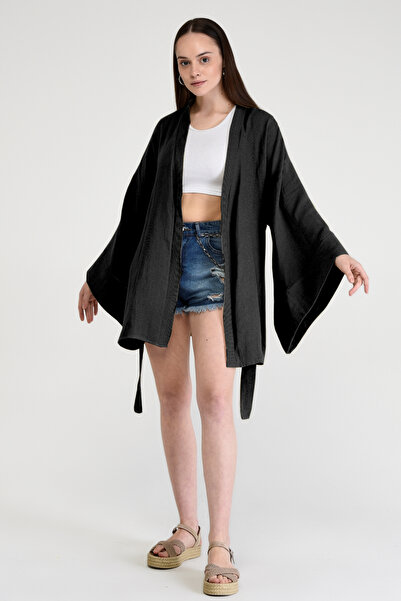 Bolder Naomi Cotton Muslin Black Kimono Length-80 cm Long
