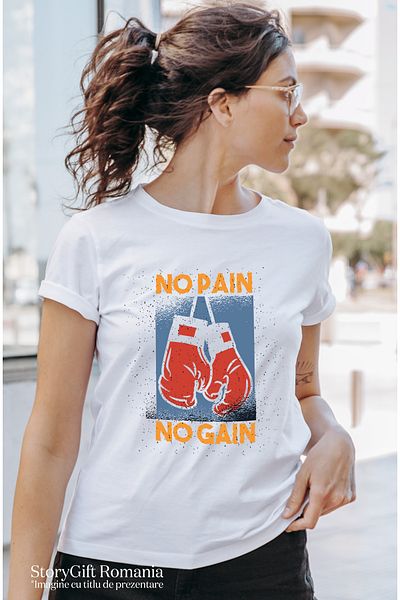 StoryGift Romania Tricou Femei Cu Text In Engleza Motivational No Pain No Gain, Multicolor, Manusi WHT_L