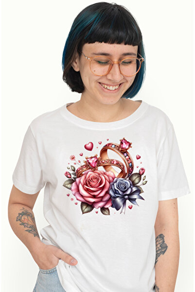 StoryGift Romania Tricou Femei cu 2 inele cu diamante pentru logodna, ilustratie, trandafiri, inim WHT_L