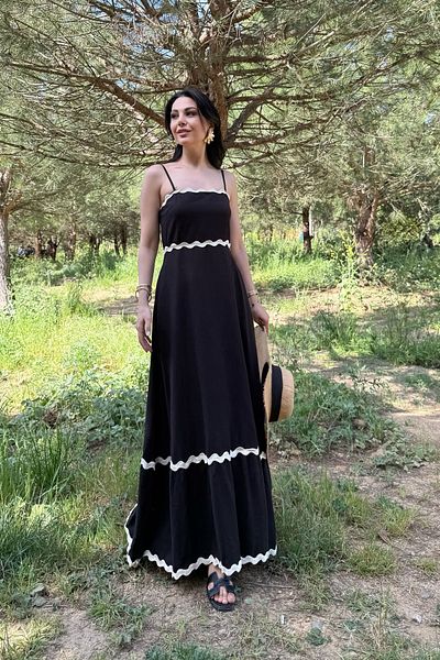 Seda Yalçın Atelier Black Striped Crepe Fabric Strap Summer Dress