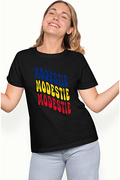 StoryGift Romania Tricou Femei Cuvantul Modestie, in Culorile Steagului Romaniei, Rosu, Galben, Al BLK_XL
