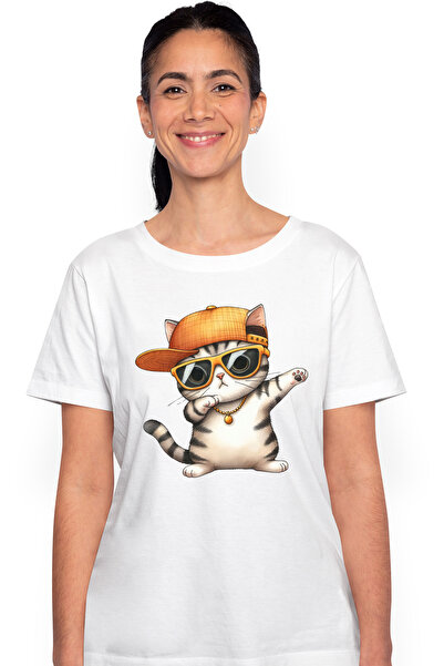 StoryGift Romania Tricou Femei cu o pisica, ilustratie, rap, sapca, lant de a...