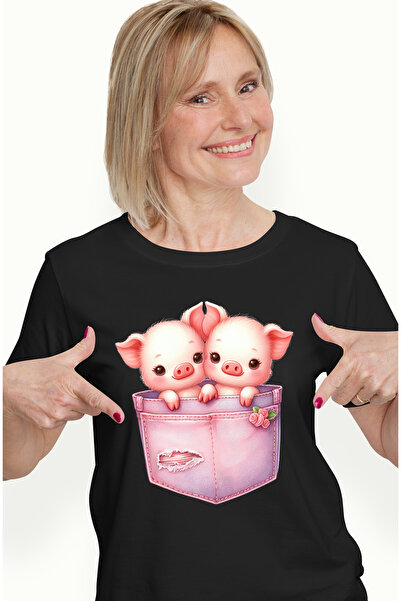 StoryGift Romania Tricou Femei cu 2 purcelusi care stau intr-un buzunar, ilus...