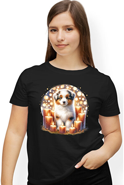 StoryGift Romania Tricou Femei cu un catel curios, ilustratie, multe lumanari...