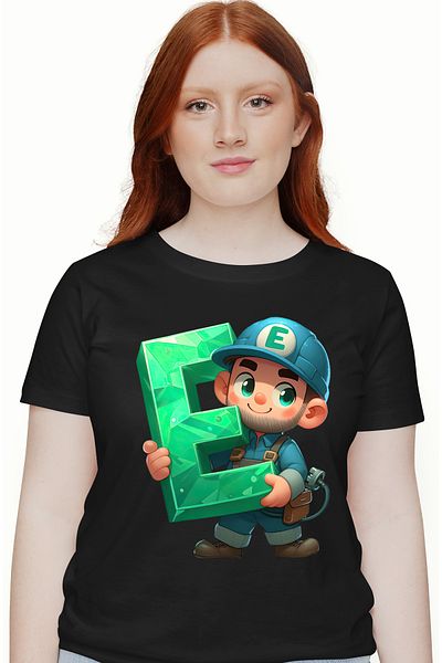 StoryGift Romania Tricou Femei cu un muncitor care tine litera "E", ilustratie, electrician, pentr BLK_S