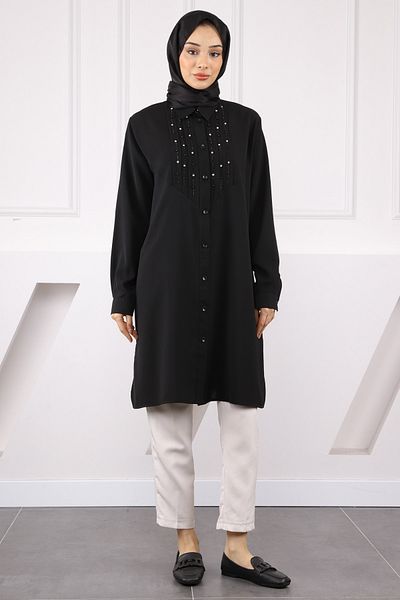 İmajButik Black Front Stone Detailed Linda Tunic