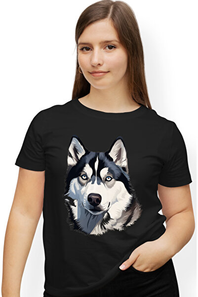 StoryGift Romania Tricou Femei cu un caine Husky, ilustratie, ochi patrunzatori, urechi ciulite, a BLK_S