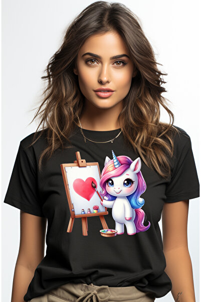 StoryGift Romania Tricou Femei cu un unicorn care picteaza o inima, imbujorat...