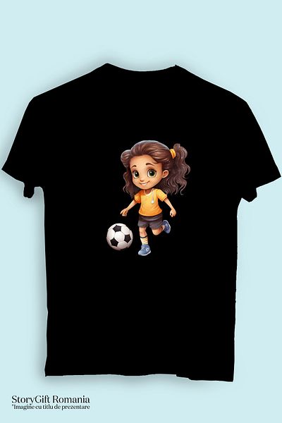 StoryGift Romania Tricou Femei cu o fetita care joaca fotbal, sport, talent, pasiune, ilustratie, BLK_S