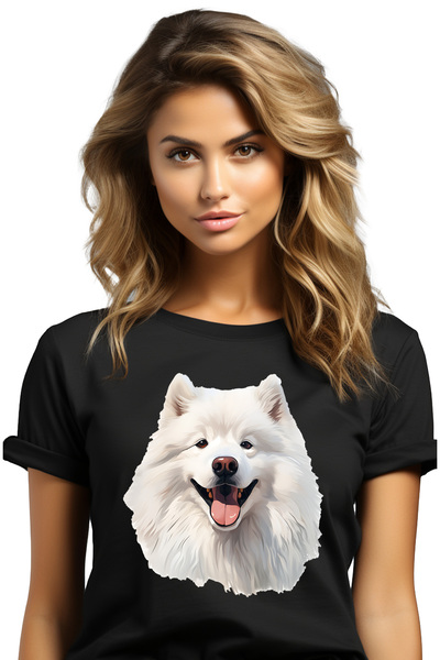 StoryGift Romania Tricou Femei cu un caine alb jucaus, ilustratie, bucuros, c...