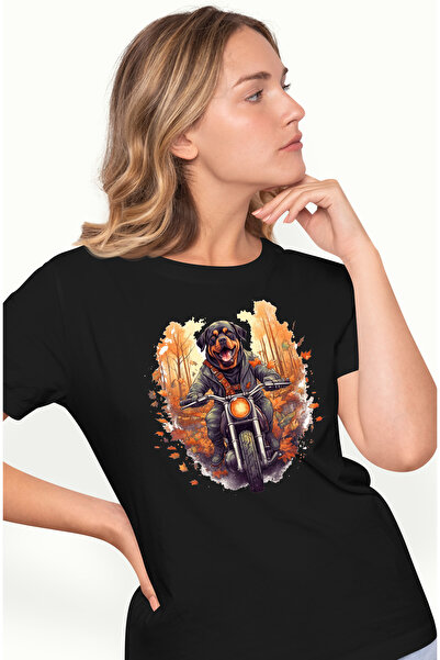 StoryGift Romania Tricou Femei cu un catel Rottweiler pe motocicleta, ilustra...