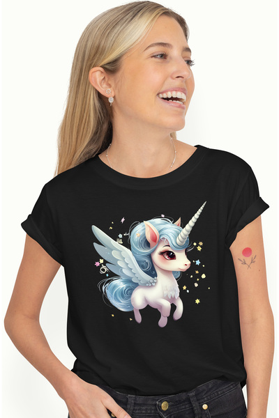 StoryGift Romania Tricou Femei cu un unicorn care zboara, aripi, stelute, spa...