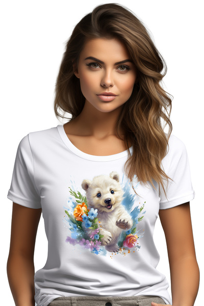StoryGift Romania Tricou Femei cu un ursulet polar vesel, ilustratie, flori, ...