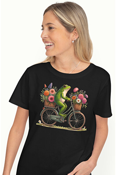 StoryGift Romania Tricou Femei cu o broasca, ilustratie, merge cu bicicleta, ...