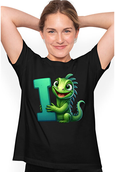 StoryGift Romania Tricou Femei cu soparla iguana cu litera "I", ilustratie, p...