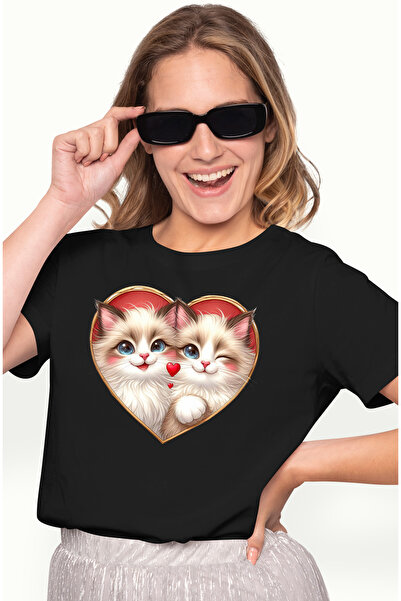 StoryGift Romania Tricou Femei cu 2 pisicute Birmaneze, ilustratie, inimi, ap...