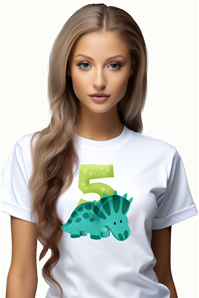 StoryGift Romania Tricou Femei cu un dinozaur verde cu cifra 5, ilustratie, p...