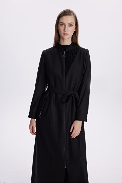 Zühre Black Overcoat with Judge Collar and Zippered Belt Detail 13598