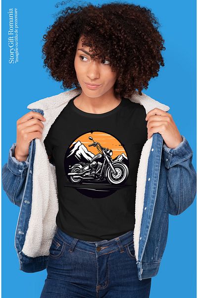 StoryGift Romania Women's T-shirt with a motorcycle, illustration, mountain, circle, orange, white, black, BLK_L, STG61896