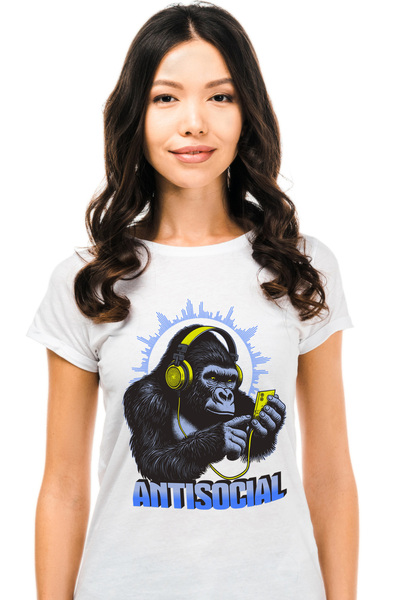 StoryGift Romania Tricou Femei Gorila ascultand muzica text ANTISOCIAL cu imp...