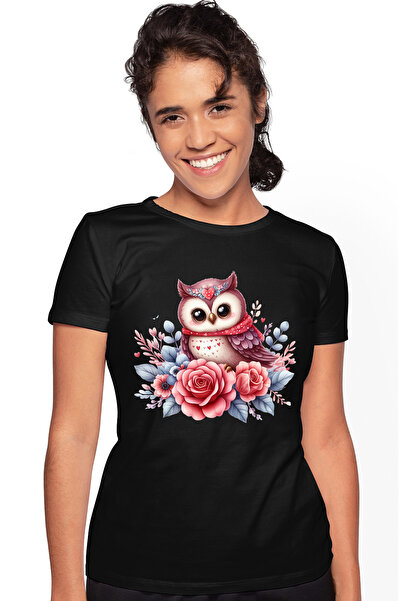 StoryGift Romania Tricou Femei cu o bufnita dragalasa, ilustratie, trandafiri...