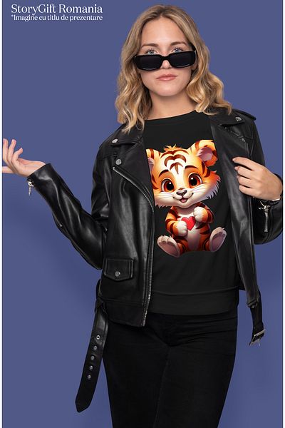 StoryGift Romania Women's T-shirt with a happy tiger cub, illustration, heart, appreciation, acknowledge BLK_L