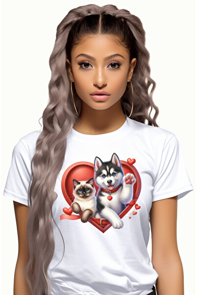 StoryGift Romania Tricou Femei cu o pisicuta birmaneza si un catel Husky, ilu...