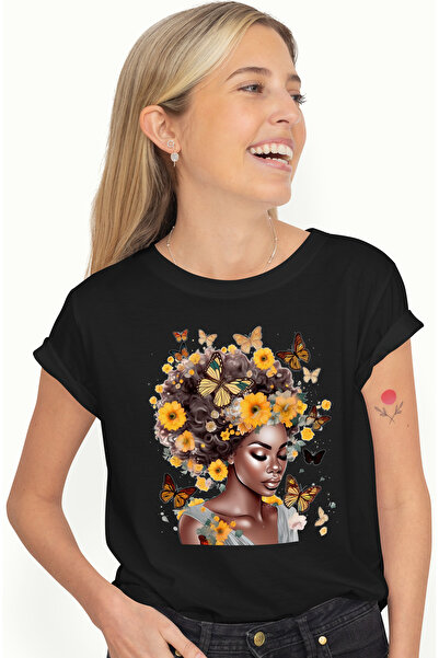 StoryGift Romania Tricou Femei cu o femeie de culoare, ilustratie, draguta, abstract, fluturi, flo BLK_S