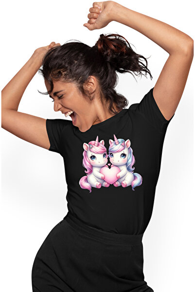 StoryGift Romania Tricou Femei cu 2 unicorni care tin o inima, ilustratie, ap...