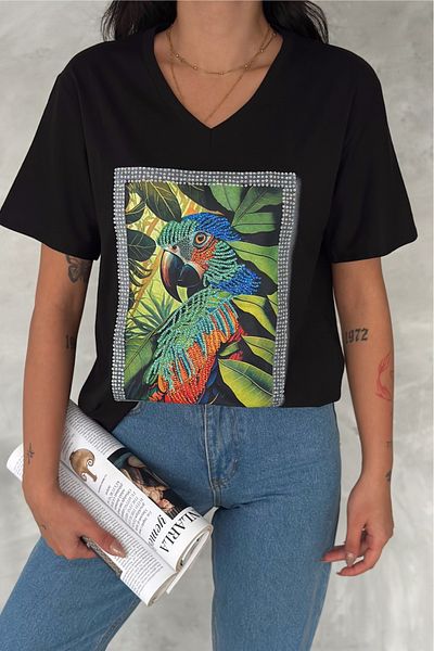 FEMELLE Tricou de damă, negru, cu decolteu în V, mărime mare, cu paiete papagal, brodat cu paiete, 100% bumbac
