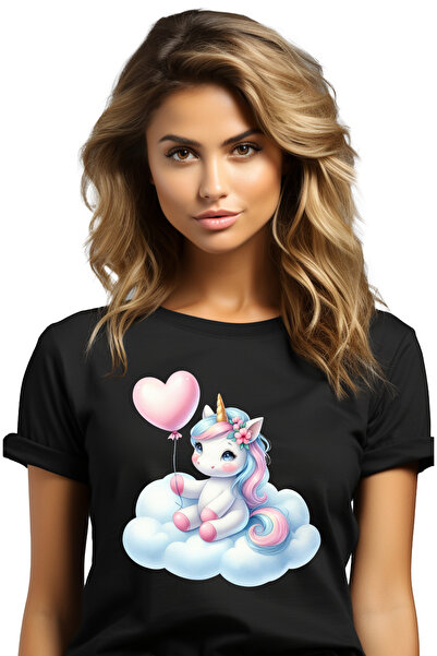 StoryGift Romania Tricou Femei cu un unicorn care sta pe un norisor, ilustratie, balon in forma de BLK_XS
