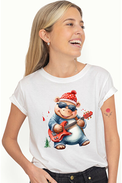 StoryGift Romania Tricou Femei cu un hipopotam vesel care canta la chitara, i...