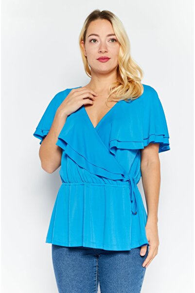 Ralph Lauren Lauren by Women Surplice Neckline Ruffle Sleeves Plain Blouse, Blue