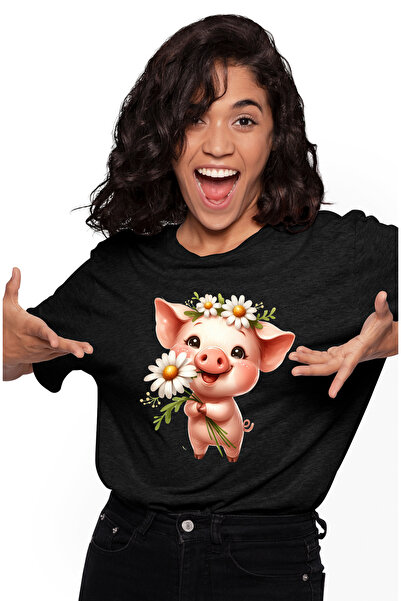 StoryGift Romania Tricou Femei cu un purcelus, floricele albe, vesel, animalu...