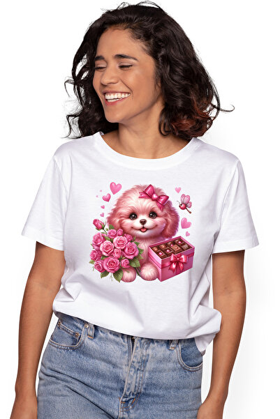 StoryGift Romania Tricou Femei cu o catelusa care a primit cadouri, buchet cu trandafiri, ciocolat WHT_M