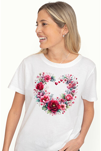 StoryGift Romania Tricou Femei cu o coroana facuta din flori in forma de inima, ilustratie, iubire WHT_XS