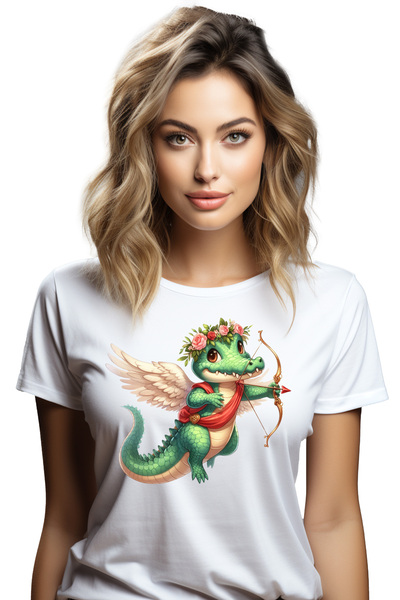 StoryGift Romania Tricou Femei cu un crocodil Cupidon, ilustratie, aripi, trage cu arcul, zboara, WHT_L