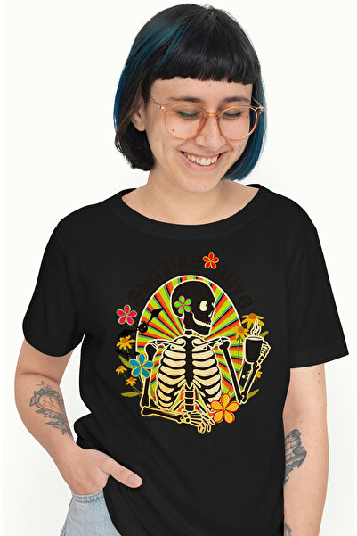 StoryGift Romania Tricou Femei cu schelet cu mesajul "Staying alive", stilul hippie, cultura, ilus BLK_XS
