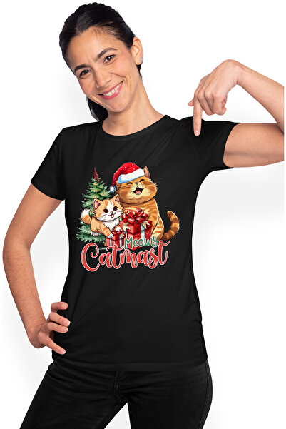 StoryGift Romania Tricou Femei cu 2 pisici cu mesajul "Meowy Catmas!", cadour...