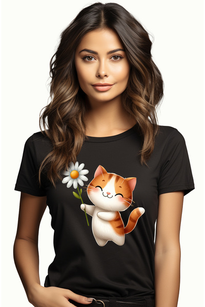 StoryGift Romania Tricou Femei cu o pisicuta vesela care tine o floare alba, ilustratie, imbujorat BLK_XS