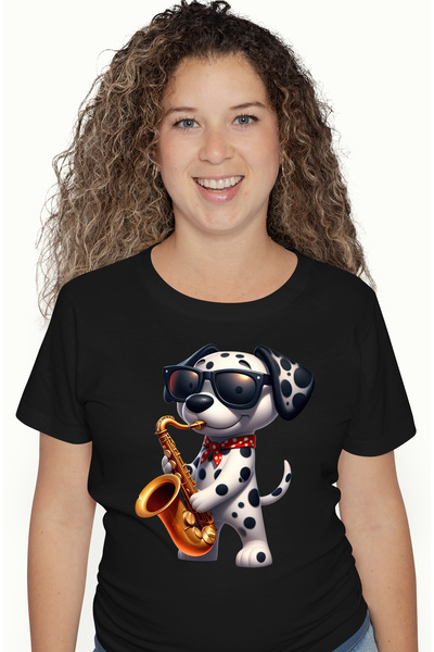 StoryGift Romania Tricou Femei cu un catel Dalmatian care canta la saxofon, i...