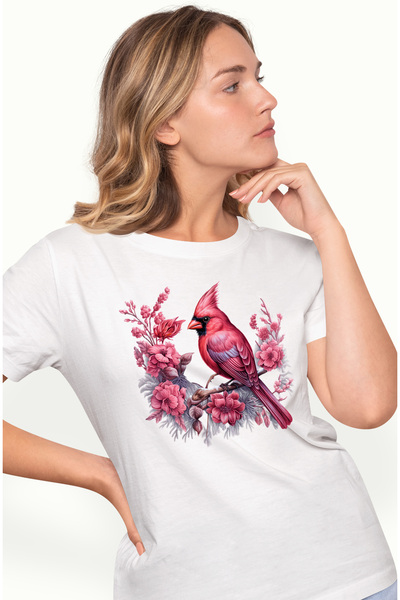 StoryGift Romania Tricou Femei cu o pasare roz, ilustratie, floricele, ramura...
