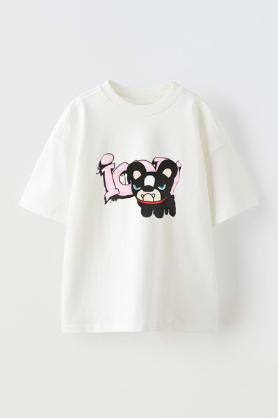 Anetos Μπλουζάκι Cute Angry Dog Front με τύπωμα Cotton White oversized