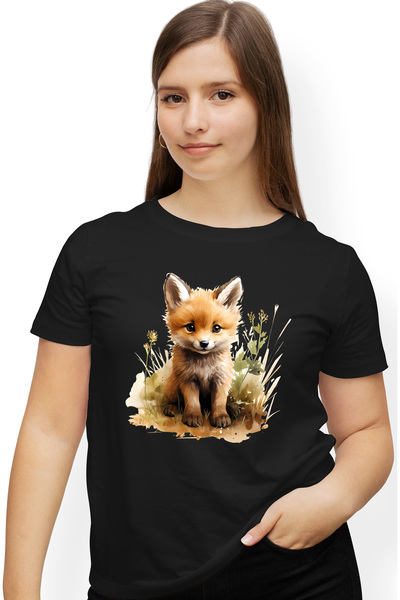 StoryGift Romania Tricou Femei cu un pui de vulpe vesel, ilustratie, jucaus, ...