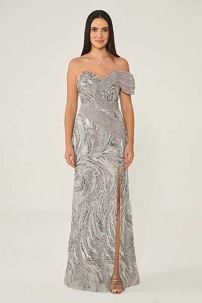 ALFABETA Alpha Beta One Off Shoulder Side Slit Sequin Long Evening Dress