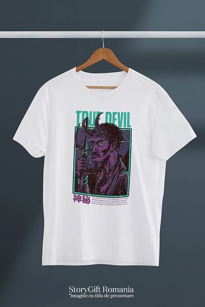 StoryGift Romania Tricou Femei Cu Text In Engleza True Devil, Monstru Mov Chip Uman Cu Coarne, Sti WHT_XL