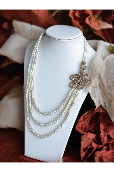 FAYRA ACCESSORIES Zirkon Taşlı Çiçek Buketi Figürlü İnci Kolye