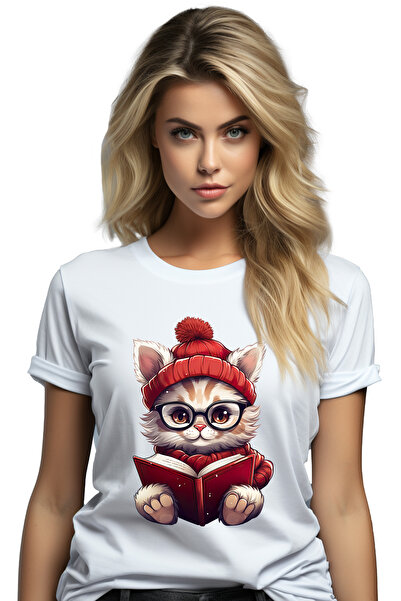 StoryGift Romania Tricou Femei cu o pisicuta care citeste, ilustratie, ochela...