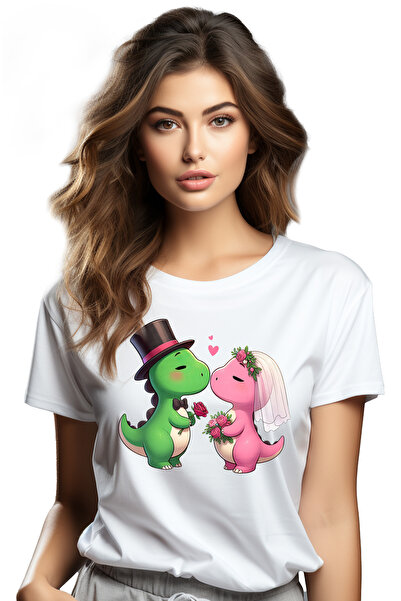StoryGift Romania Tricou Femei cu 2 dinozauri la nunta, roz, verde, inimioare...
